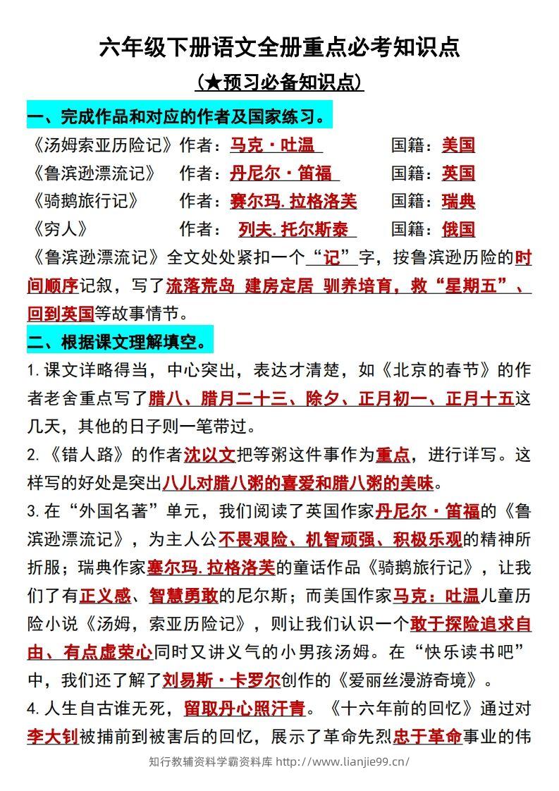 六年级语文下册知识点归纳总复习-学霸资料库学科资源下载