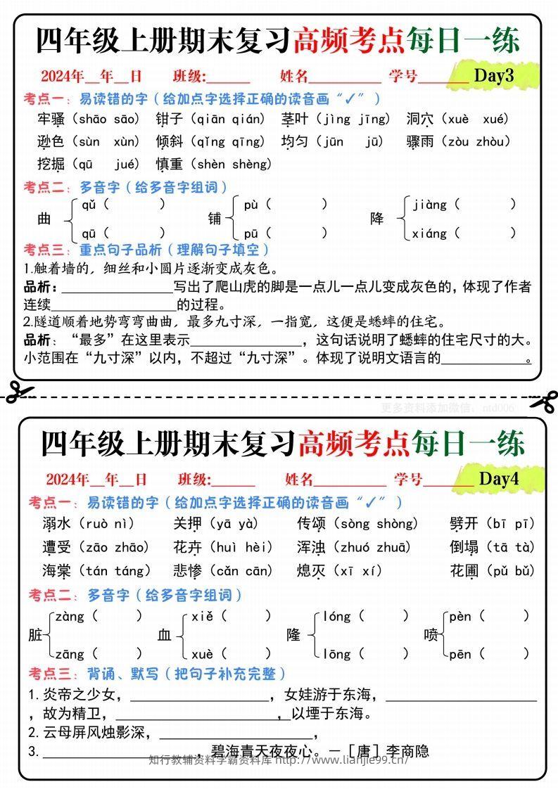 图片[2]-【期末复习高频考点每日一练】四上语文-学霸资料库学科资源下载