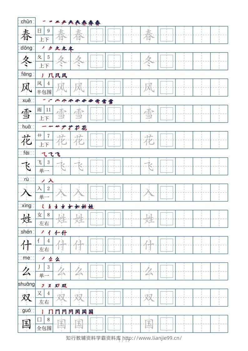 一年级下册生字表200个，字帖17页（偏旁部首笔顺拼音）-学霸资料库学科资源下载