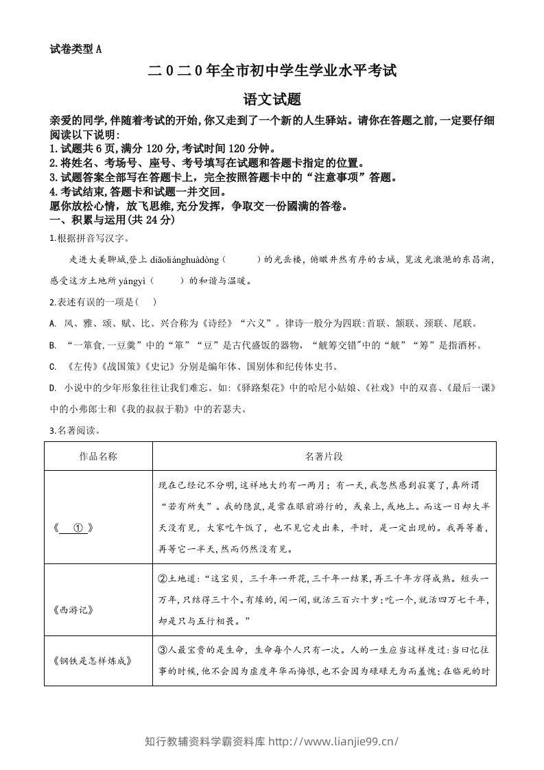 山东省聊城市2020年中考语文试题（空白卷）-学霸资料库学科资源下载