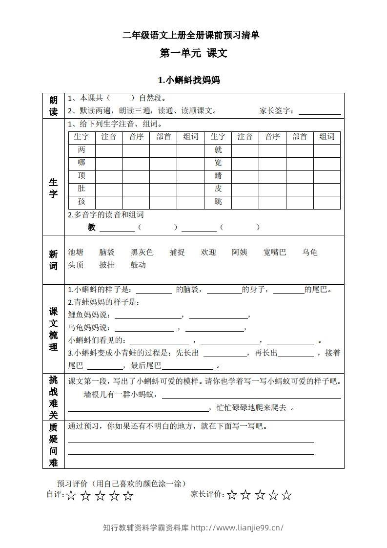二上语文课前预习清单（课）-学霸资料库学科资源下载