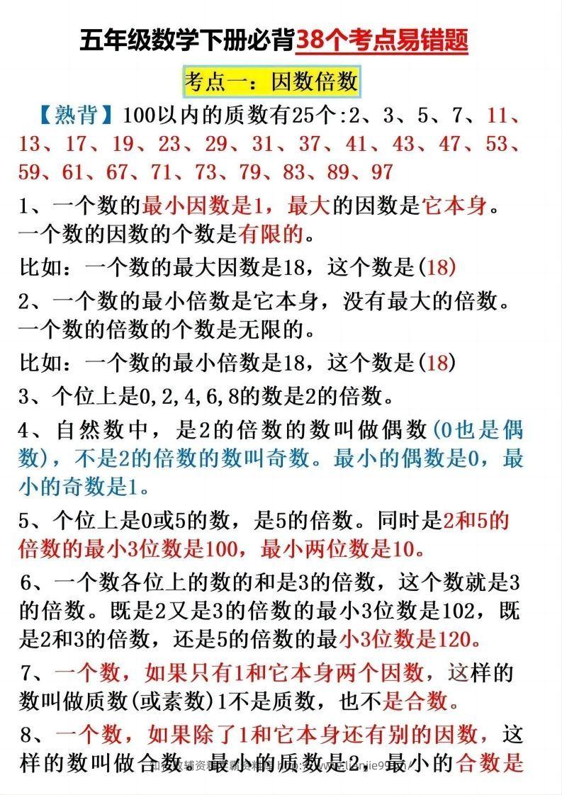五下数学：38个必背知识点（通用）-学霸资料库学科资源下载