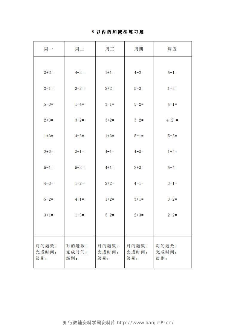 【数学】一（上）5、10、20以内口算天天练大全-学霸资料库学科资源下载