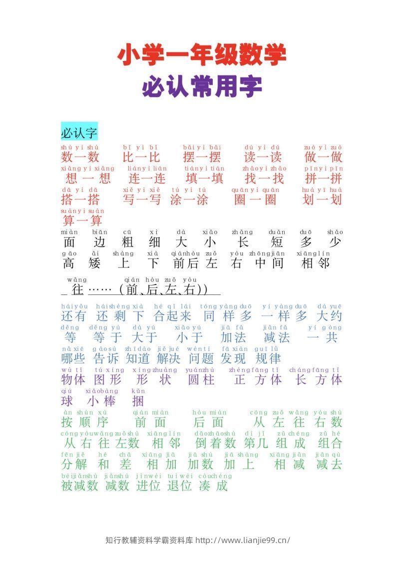 一年级数学必认常用字-学霸资料库学科资源下载