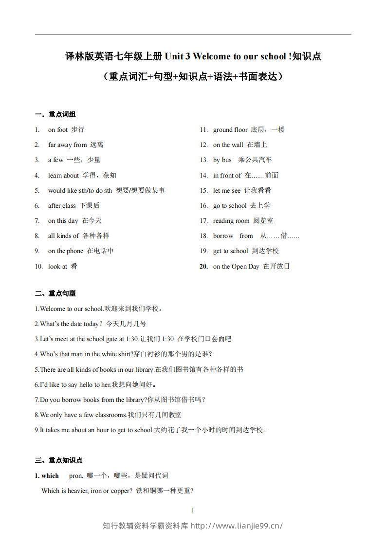 译林版英语七年级上册‬Unit3Welcometoourschool知识点_decrypted-学霸资料库学科资源下载