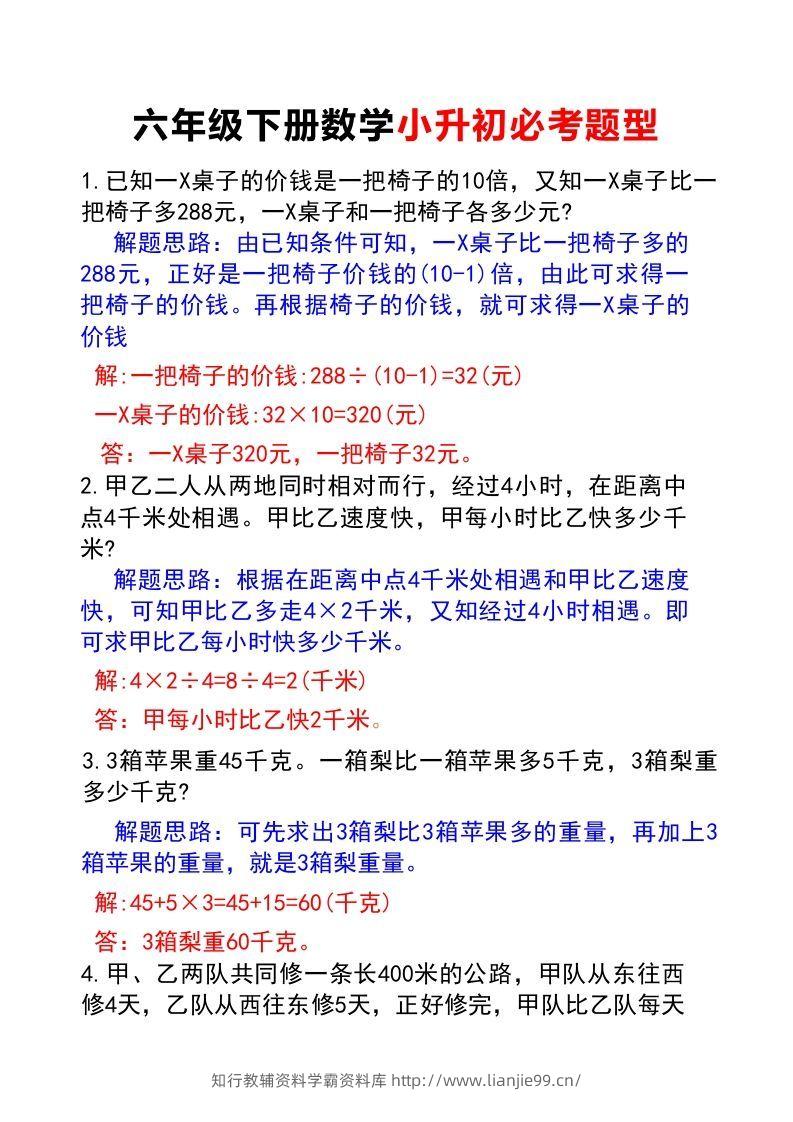 六年级下册数学小升初必考题型(答案)-学霸资料库学科资源下载