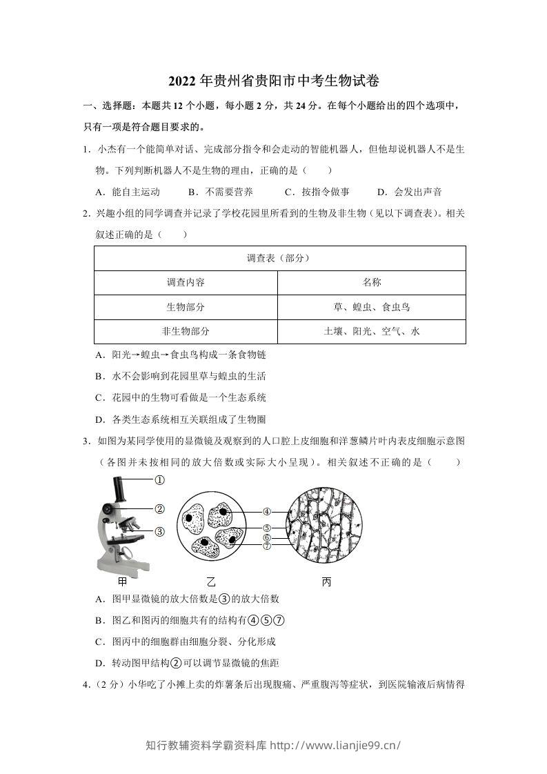 2022年贵州省贵阳市中考生物试卷及答案-学霸资料库学科资源下载