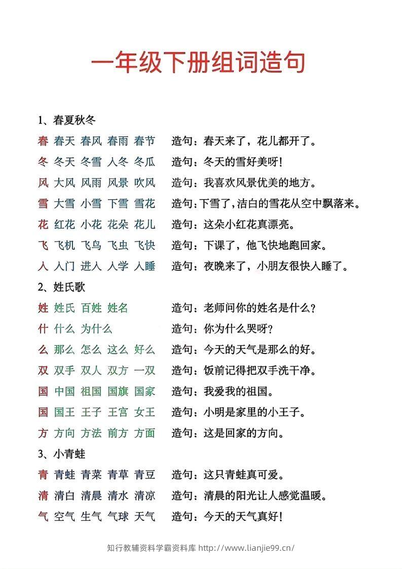 一年级下册生字组词造句-学霸资料库学科资源下载