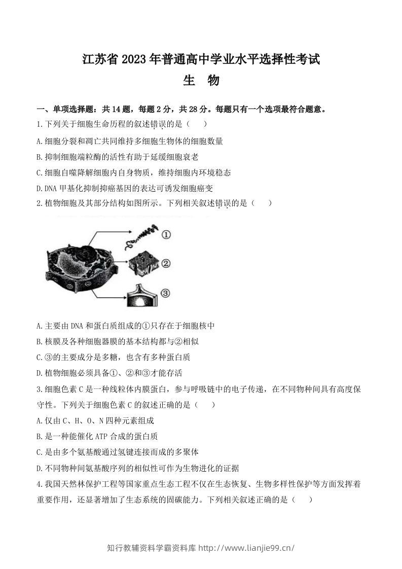 2023年高考生物试卷（江苏）（空白卷）-学霸资料库学科资源下载