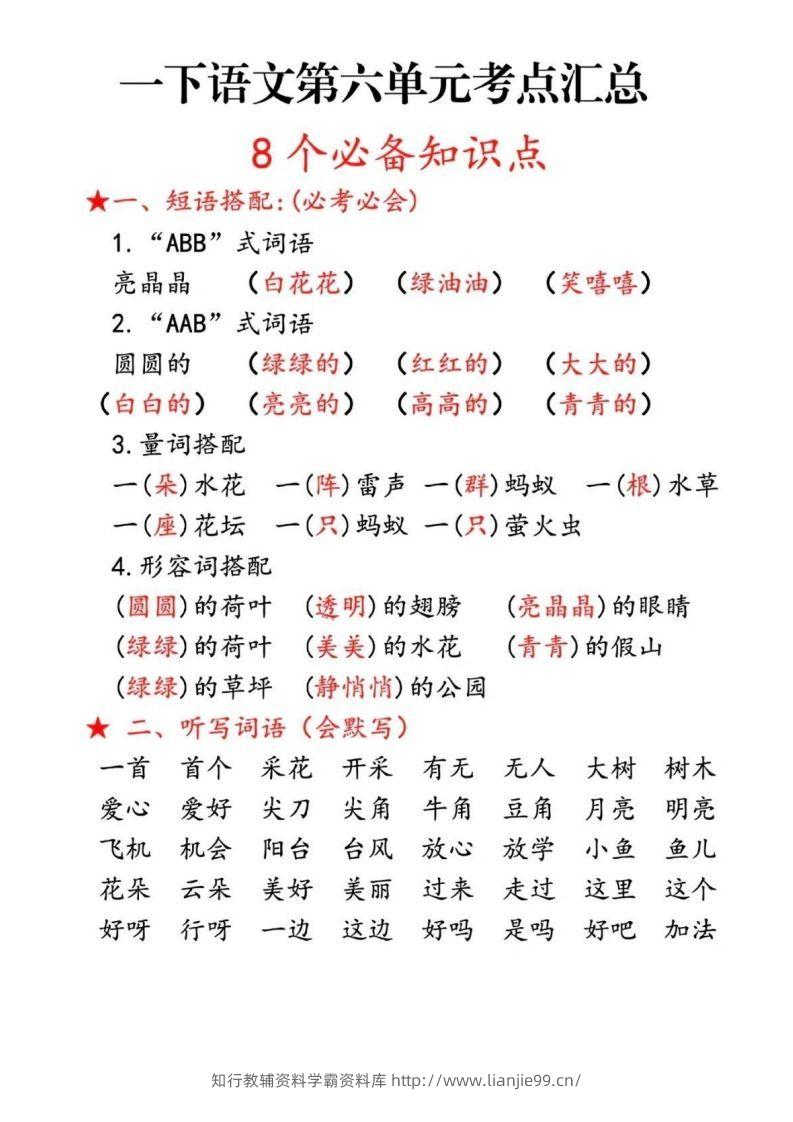 一下语文第六单元考点汇总-学霸资料库学科资源下载