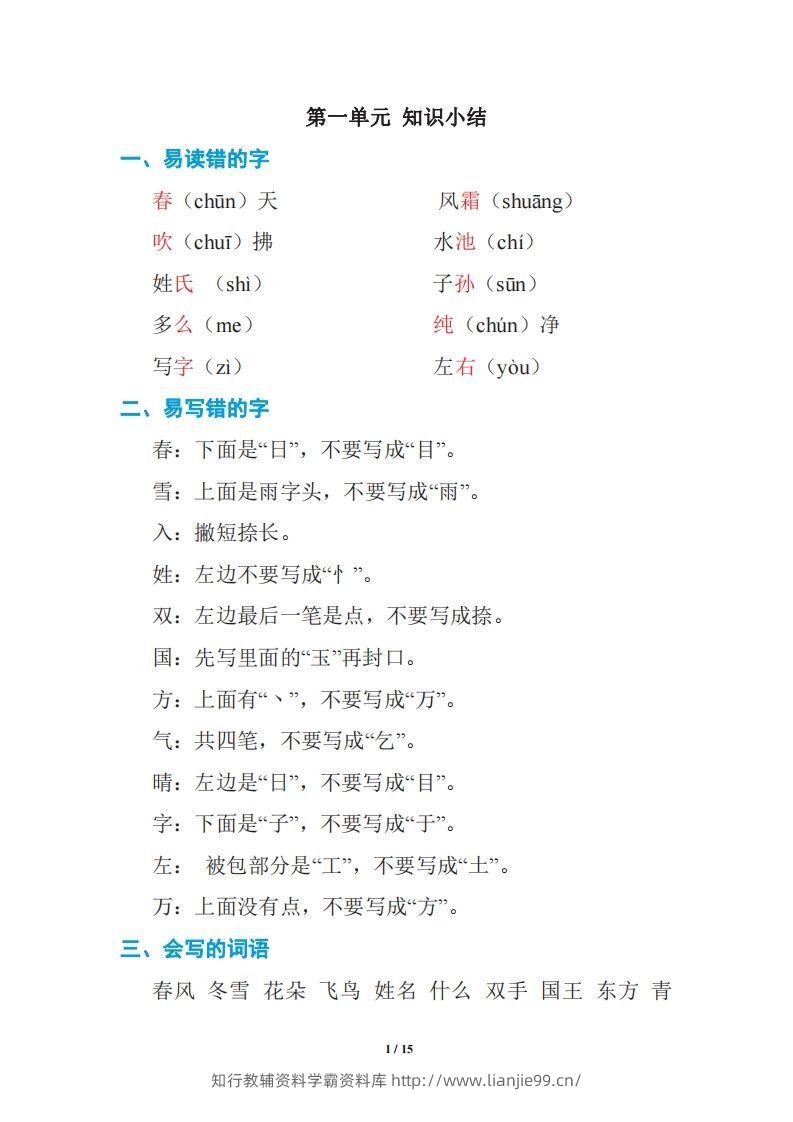 语文一年级下册期中复习知识要点-学霸资料库学科资源下载