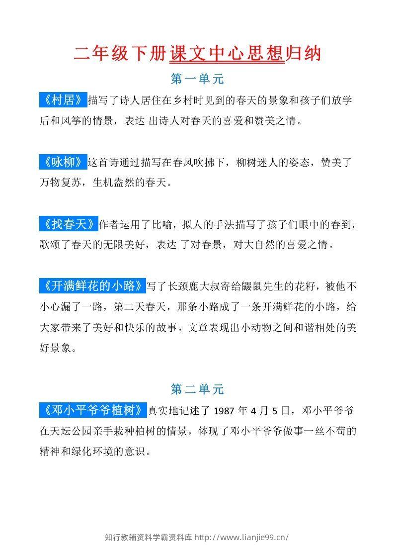 统编版语文二年级（下册）课文内容中心思想归纳汇总-学霸资料库学科资源下载