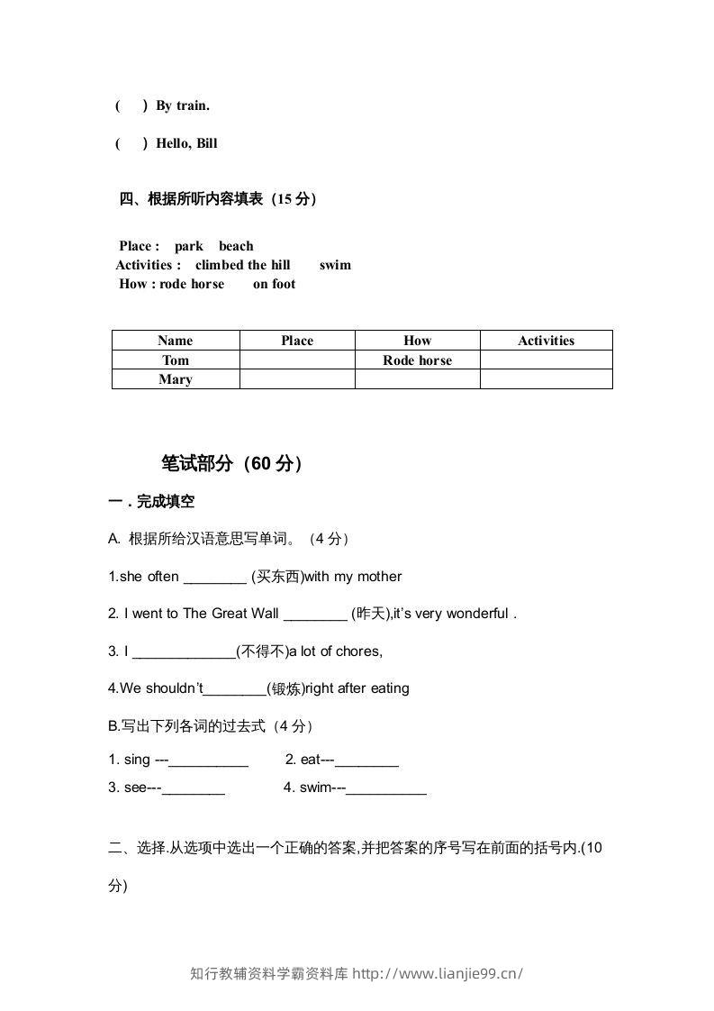 图片[2]-五年级英语下册期末试卷1（人教版）-学霸资料库学科资源下载