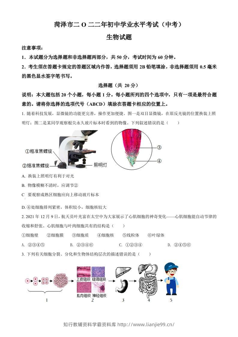 2022年山东省菏泽市中考生物真题（空白卷）-学霸资料库学科资源下载