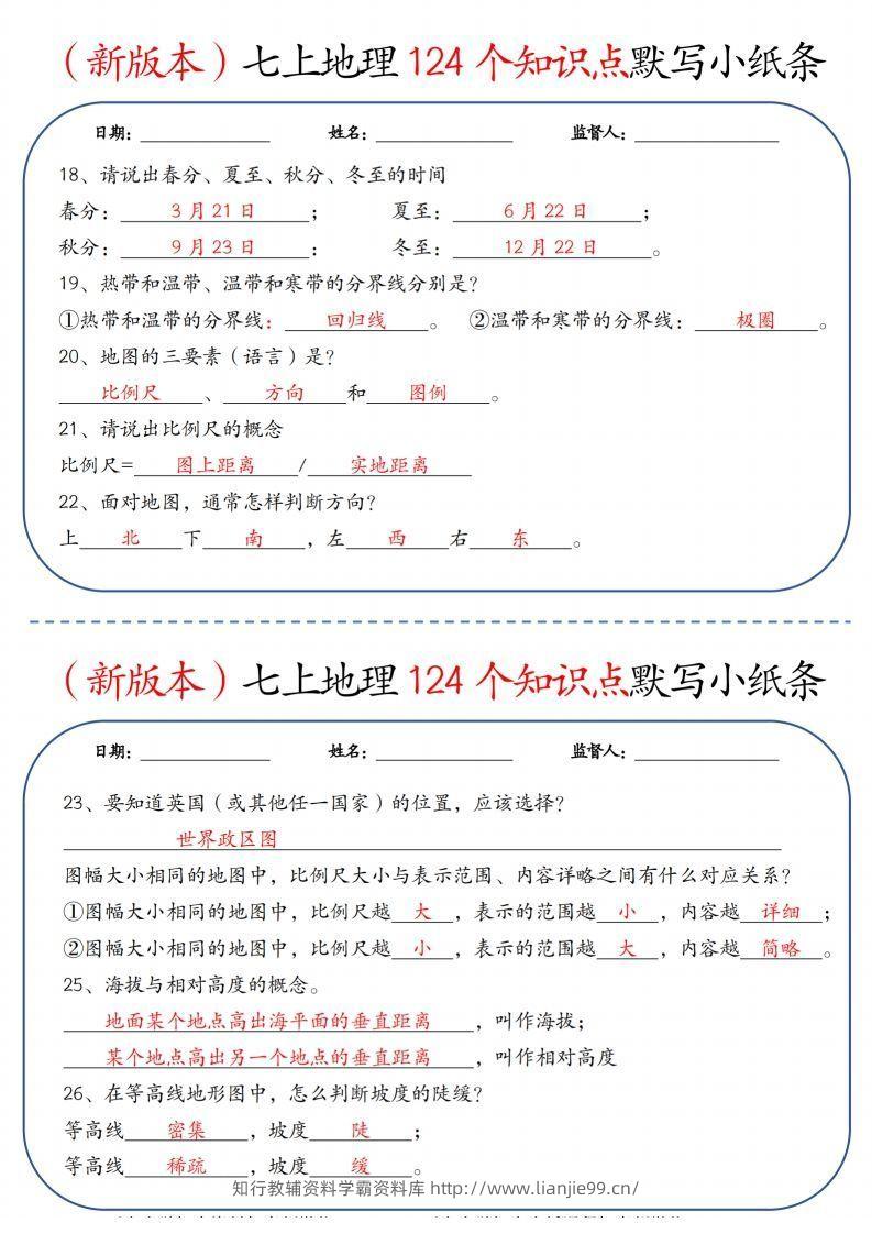 图片[3]-（新版本）七上地理124个知识点默写小纸条9.10答案-学霸资料库学科资源下载