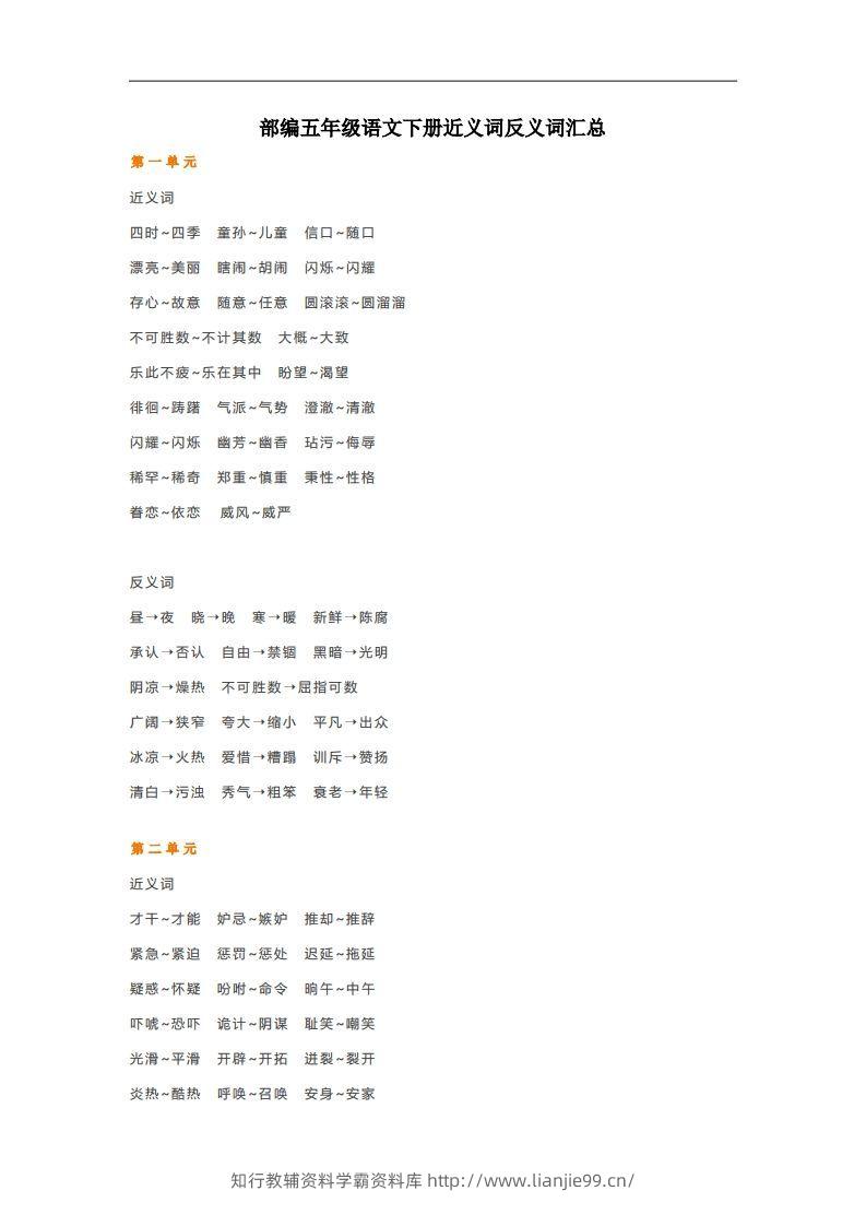 五年级语文下册近义词反义词汇总（部编版）-学霸资料库学科资源下载