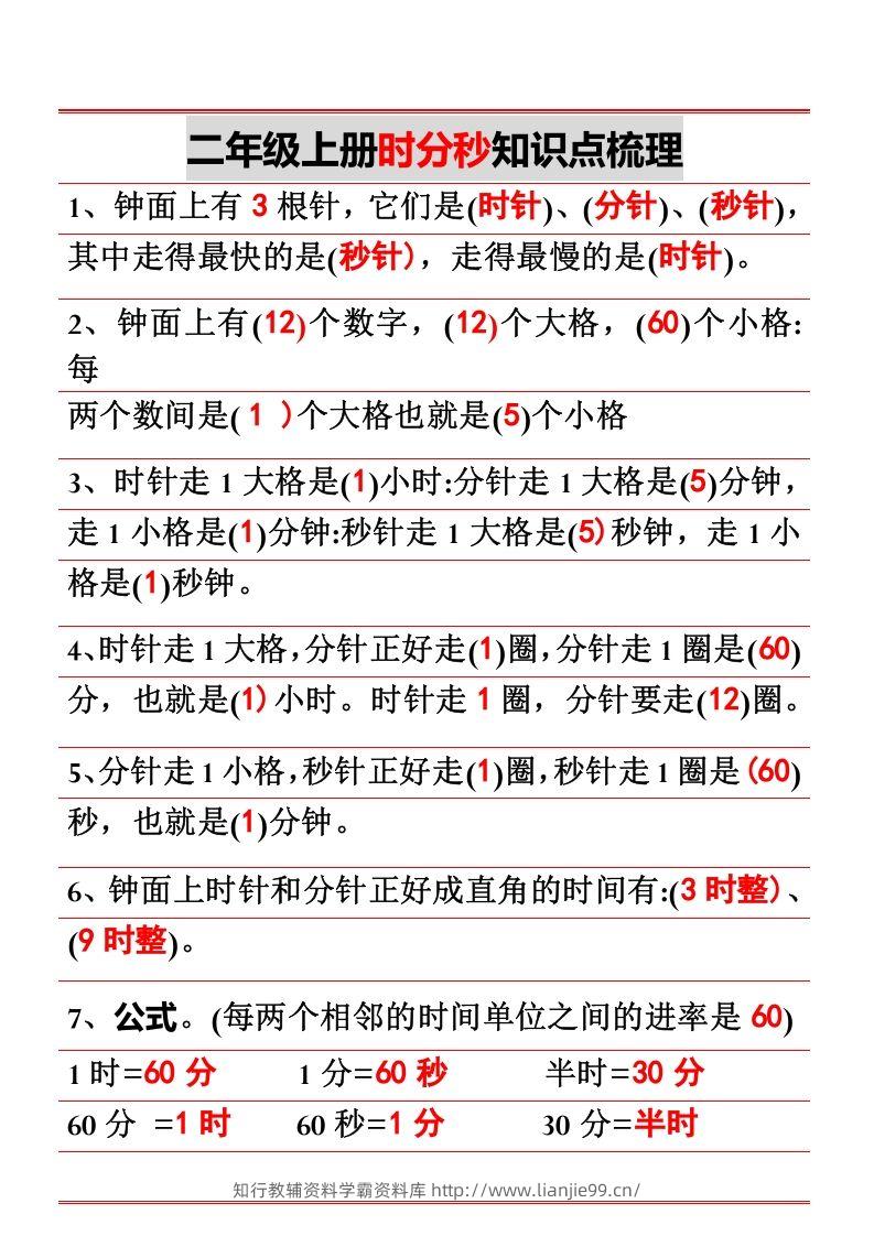 二年级上册数学时分秒知识点梳理-学霸资料库学科资源下载