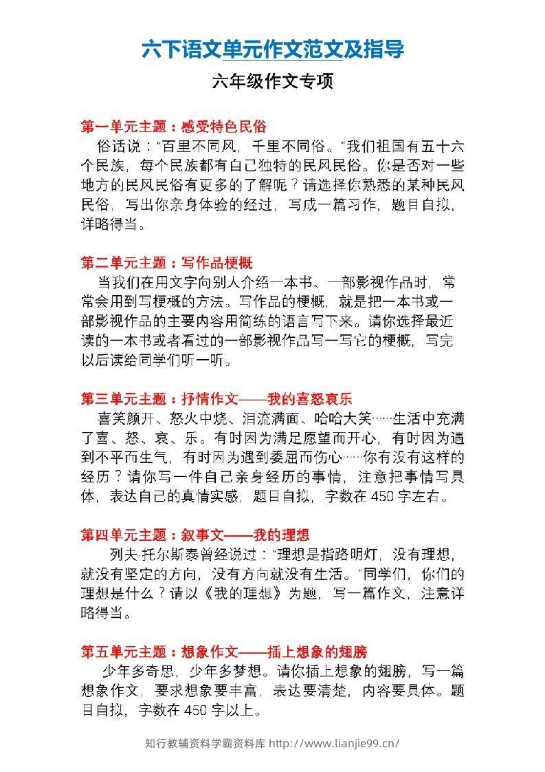 6年级下册语文作文专项练习(含范文)-学霸资料库学科资源下载