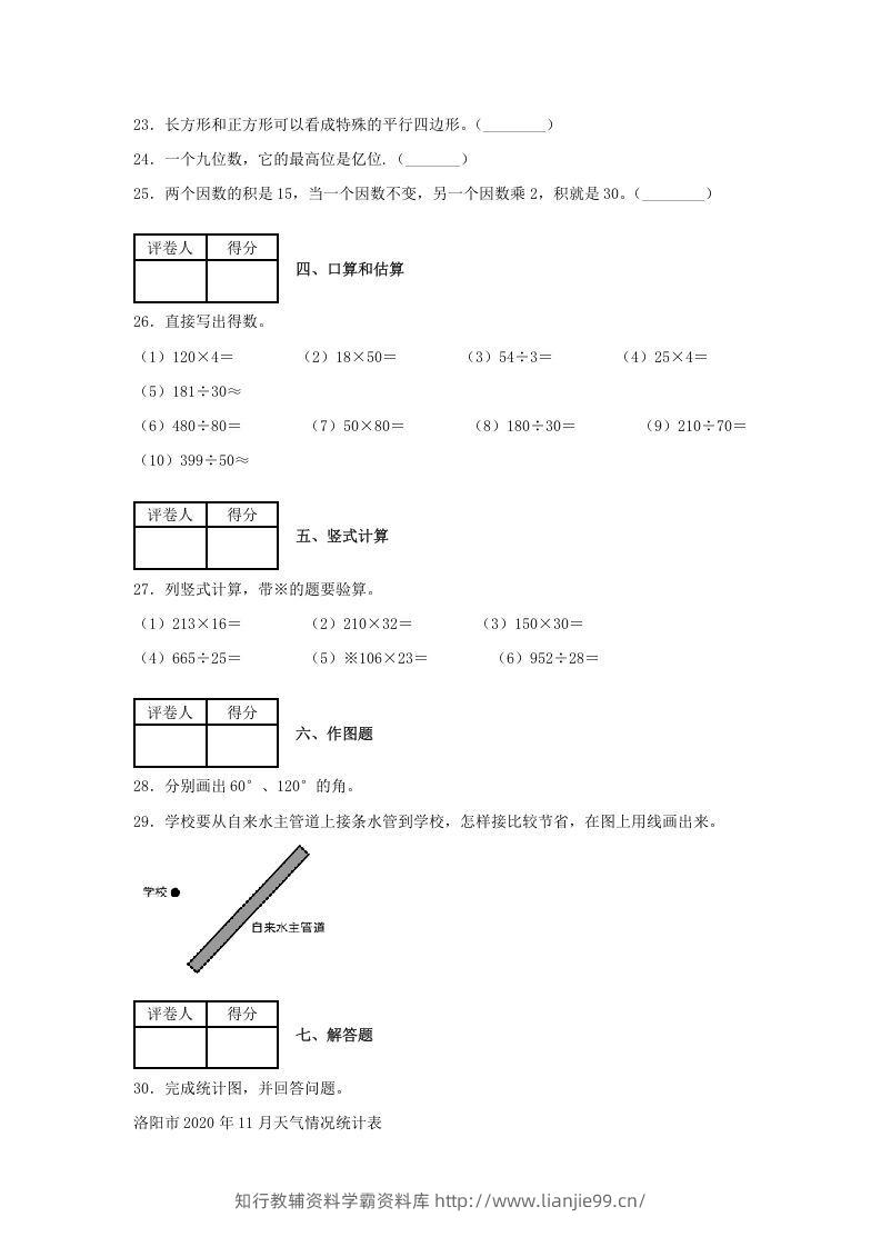 图片[3]-2020-2021学年河南省洛阳市涧西区四年级上学期期末数学真题及答案(Word版)-学霸资料库学科资源下载