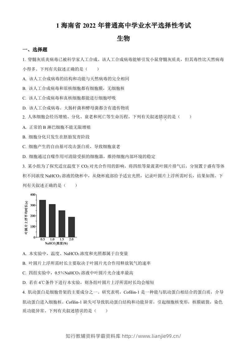 2022年高考生物真题（海南）（空白卷）-学霸资料库学科资源下载