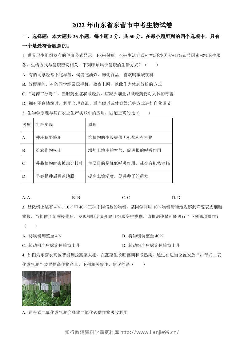 2022年山东省东营市中考生物真题（空白卷）-学霸资料库学科资源下载
