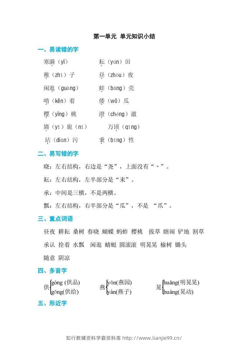 五年级语文下册第一单元单元知识小结（部编版）-学霸资料库学科资源下载