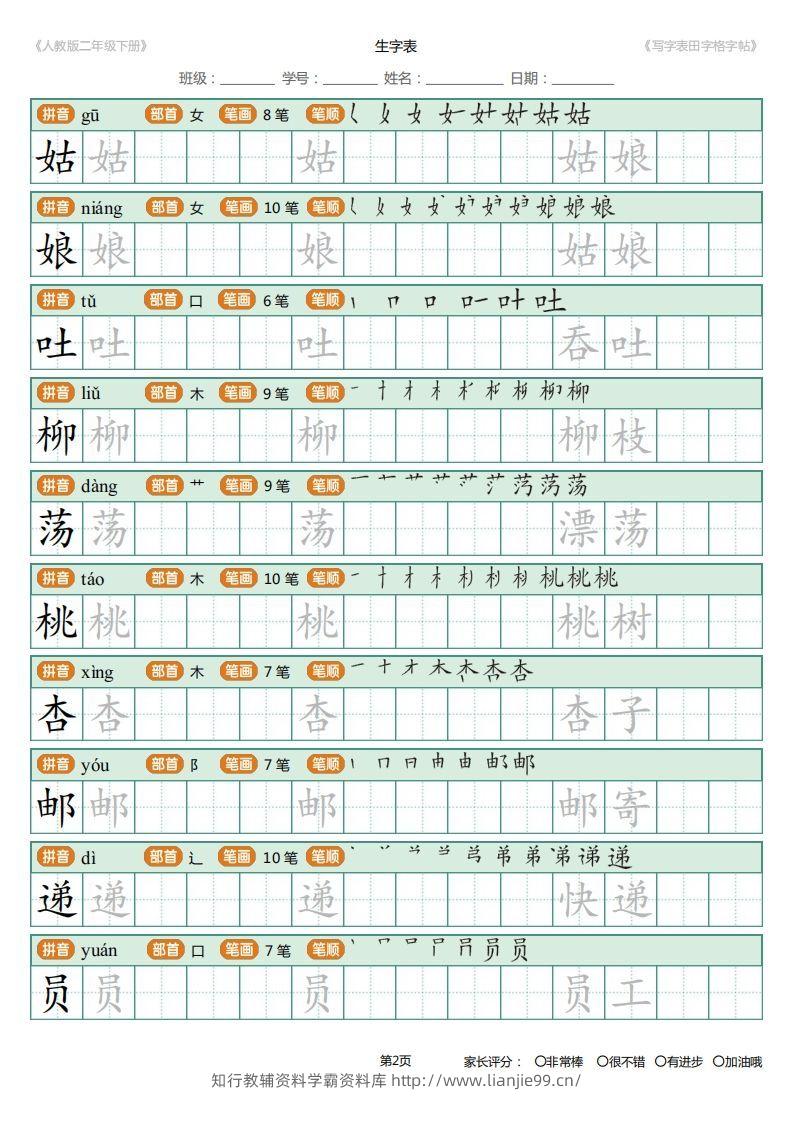 图片[2]-二年级语文下册写字表(含拼音、笔顺、词组)（25页）PDF（统编版）-学霸资料库学科资源下载