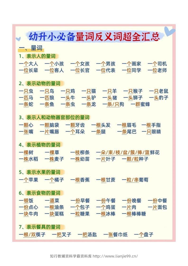 幼小衔接必备量词反义词汇总-学霸资料库学科资源下载