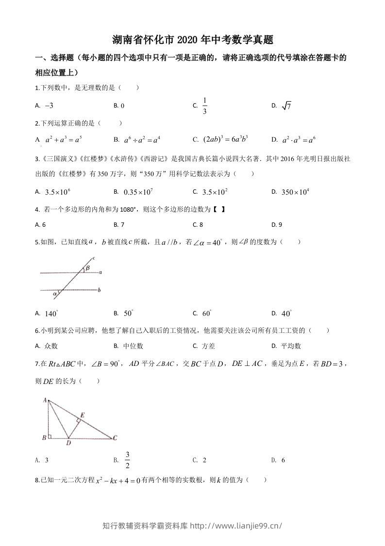 湖南省怀化市2020年中考数学真题（空白卷）-学霸资料库学科资源下载
