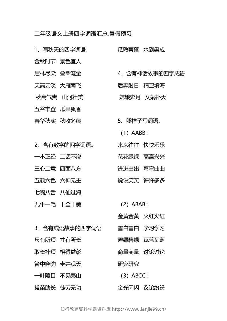 二（上）语文四字词语汇总-学霸资料库学科资源下载