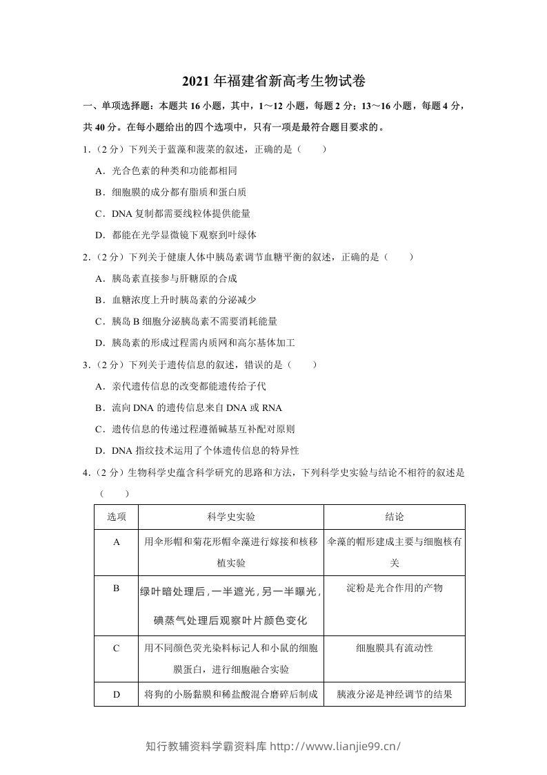 2021年高考生物试卷（福建）（空白卷）-学霸资料库学科资源下载