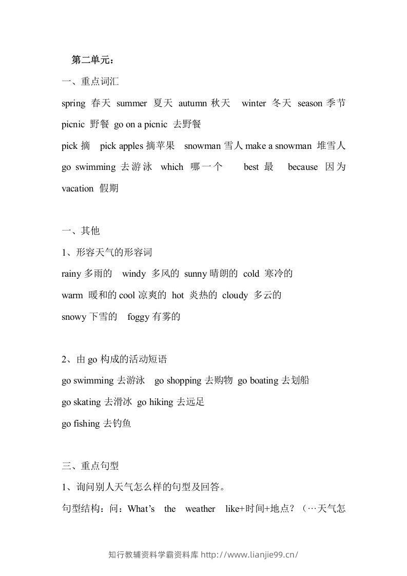 五年级英语下册Ｕnit2单元知识梳理（人教PEP版）-学霸资料库学科资源下载