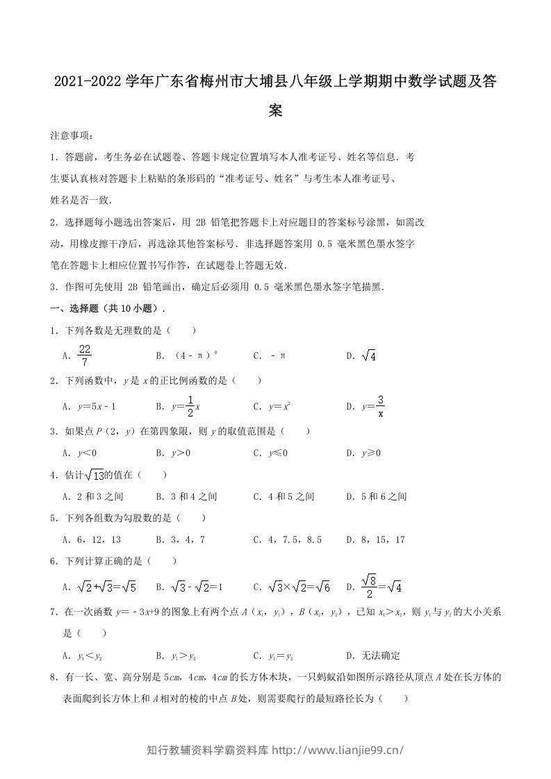 2021-2022学年广东省梅州市大埔县八年级上学期期中数学试题及答案(Word版)-学霸资料库学科资源下载