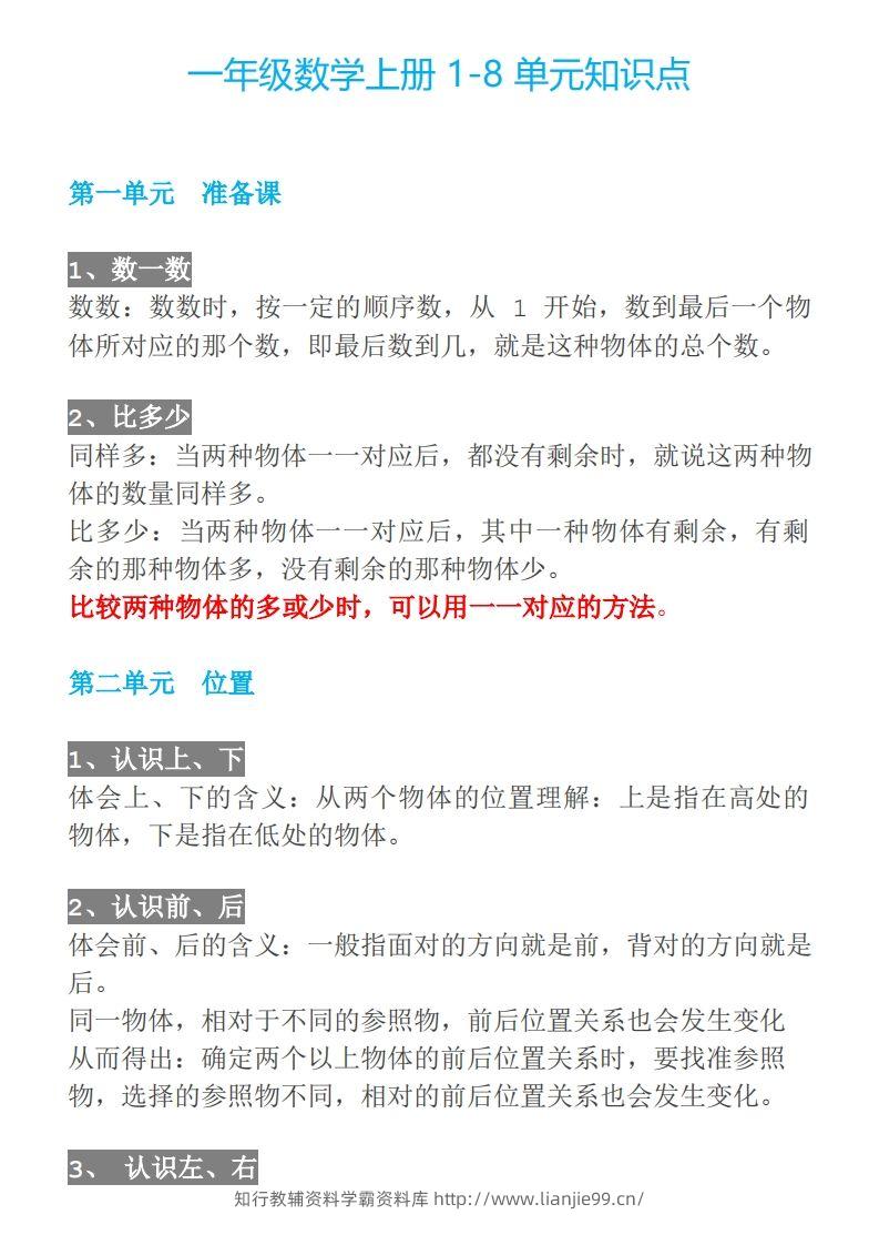 【人教一年级】数学上册必背笔记-学霸资料库学科资源下载