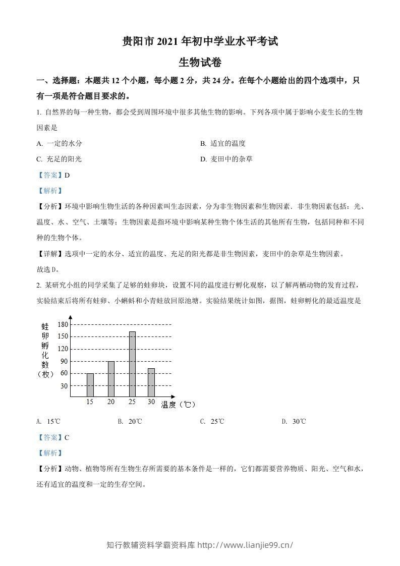 贵州省贵阳市2021年中考生物试题（含答案）-学霸资料库学科资源下载