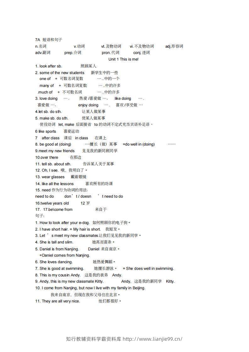 新牛津英语译林版七年级上册各单元全部重点短语和句子(1)-学霸资料库学科资源下载