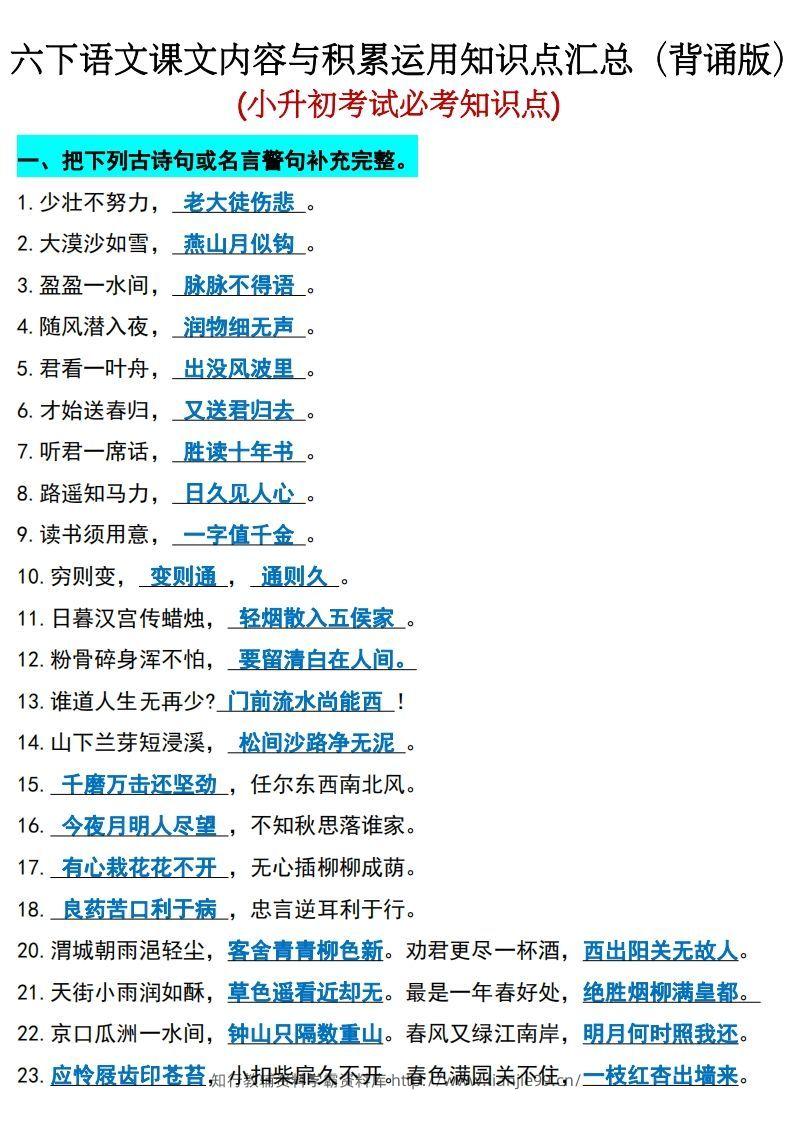 六年级下册语文(小升初)期末必考知识点-学霸资料库学科资源下载