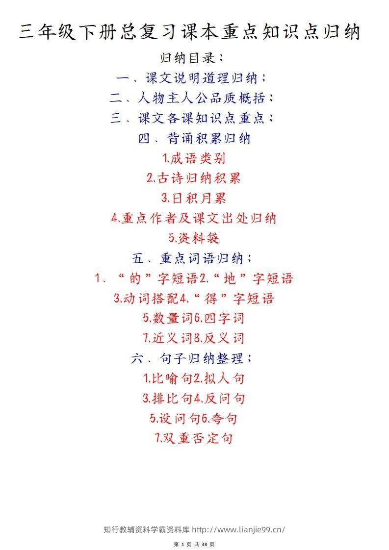 期末复习重点知识汇总三下语文-学霸资料库学科资源下载