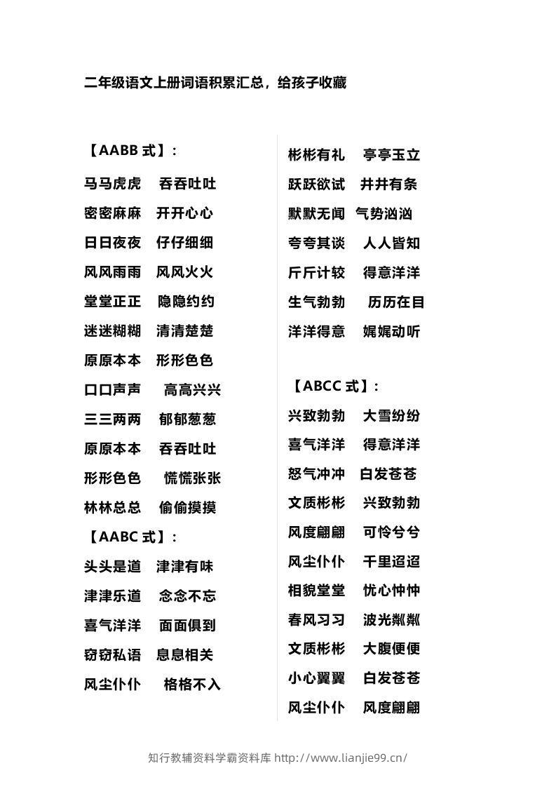 二年级语文上册多类词语积累汇总-学霸资料库学科资源下载