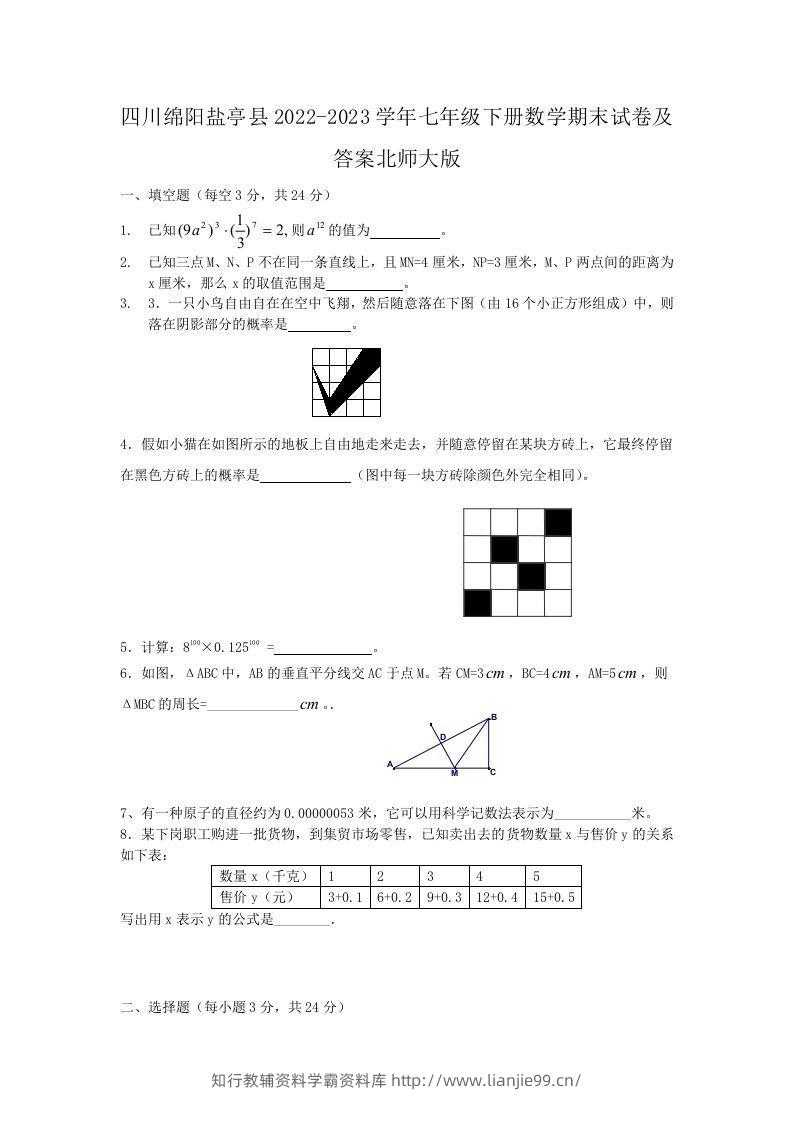 四川绵阳盐亭县2022-2023学年七年级下册数学期末试卷及答案北师大版(Word版)-学霸资料库学科资源下载