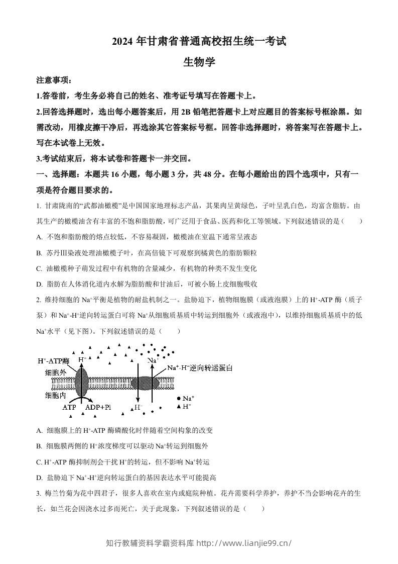 2024年高考生物试卷（甘肃）（空白卷）-学霸资料库学科资源下载