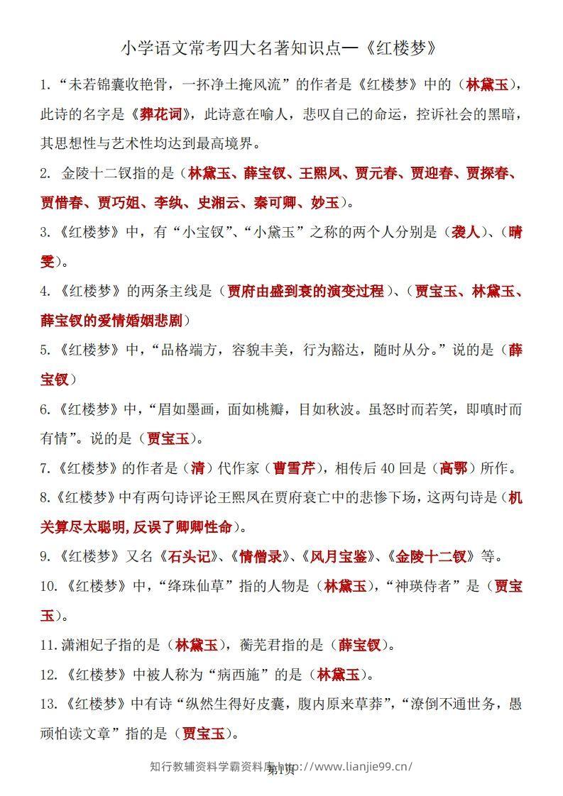 四大名著知识点汇总之《红楼梦》-学霸资料库学科资源下载