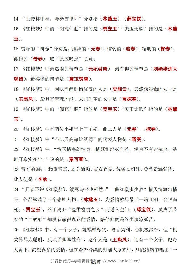 图片[2]-四大名著知识点汇总之《红楼梦》-学霸资料库学科资源下载