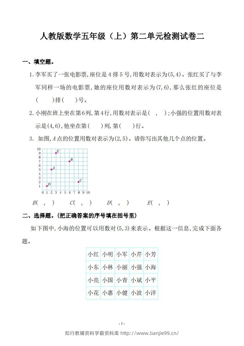 五（上）人教版数学第二单元检测卷二-学霸资料库学科资源下载