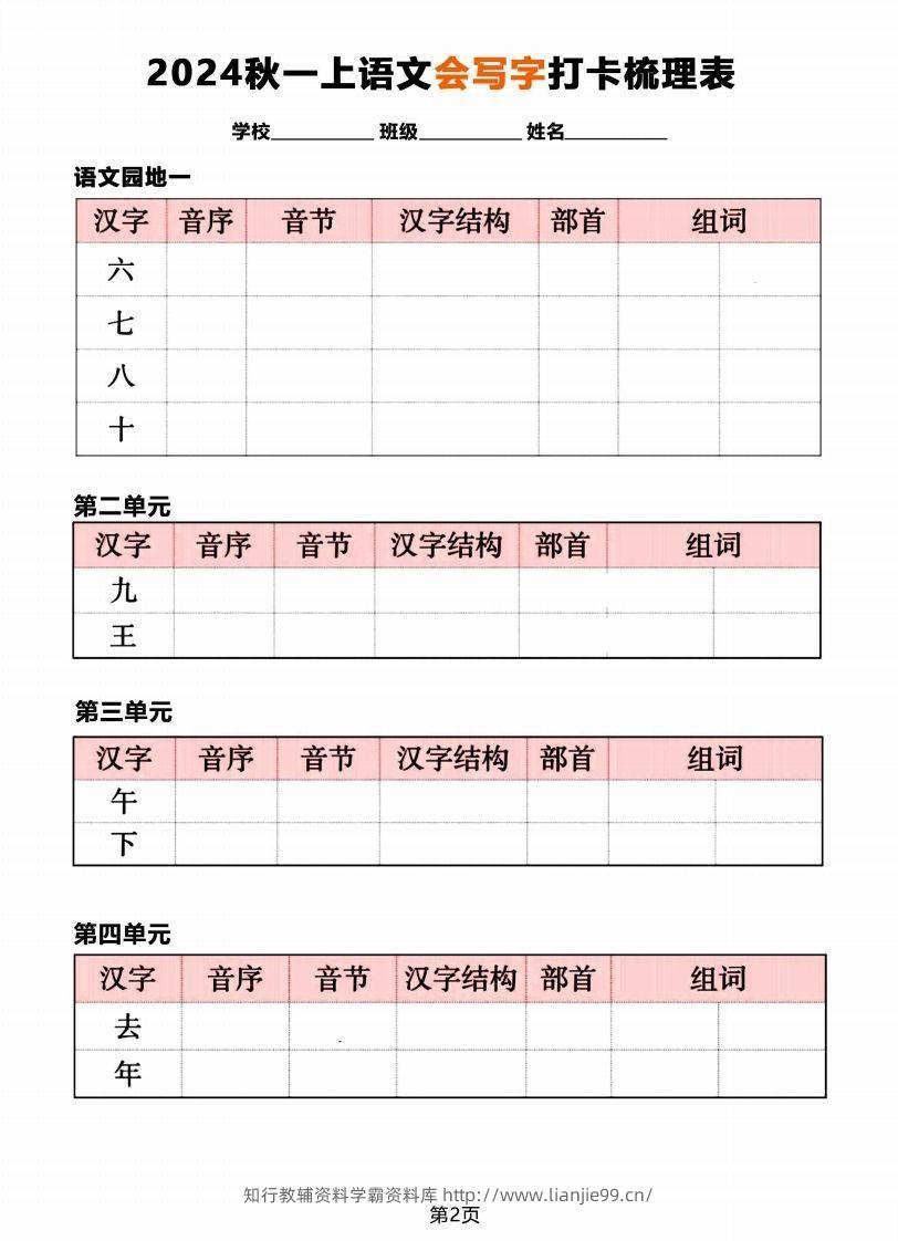 图片[2]-【2024秋《会写字》打卡梳理表】一上语文-学霸资料库学科资源下载
