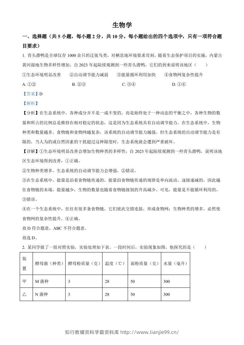 2024年内蒙古中考生物真题（含答案）-学霸资料库学科资源下载