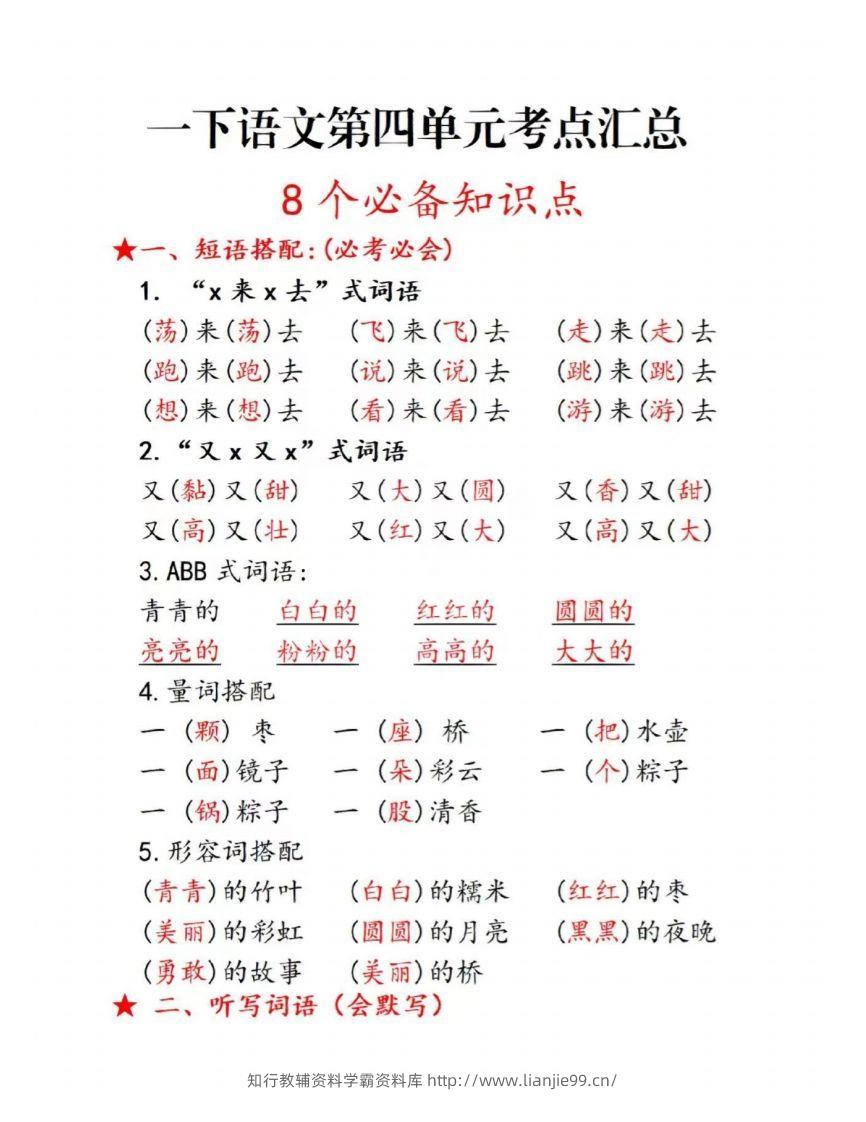 一下语文第四单元考点总结-学霸资料库学科资源下载