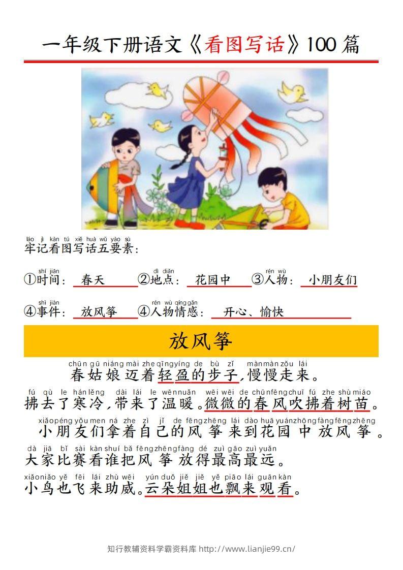 一年级下册语文看图写话五要素训练拼音版精选100篇-学霸资料库学科资源下载
