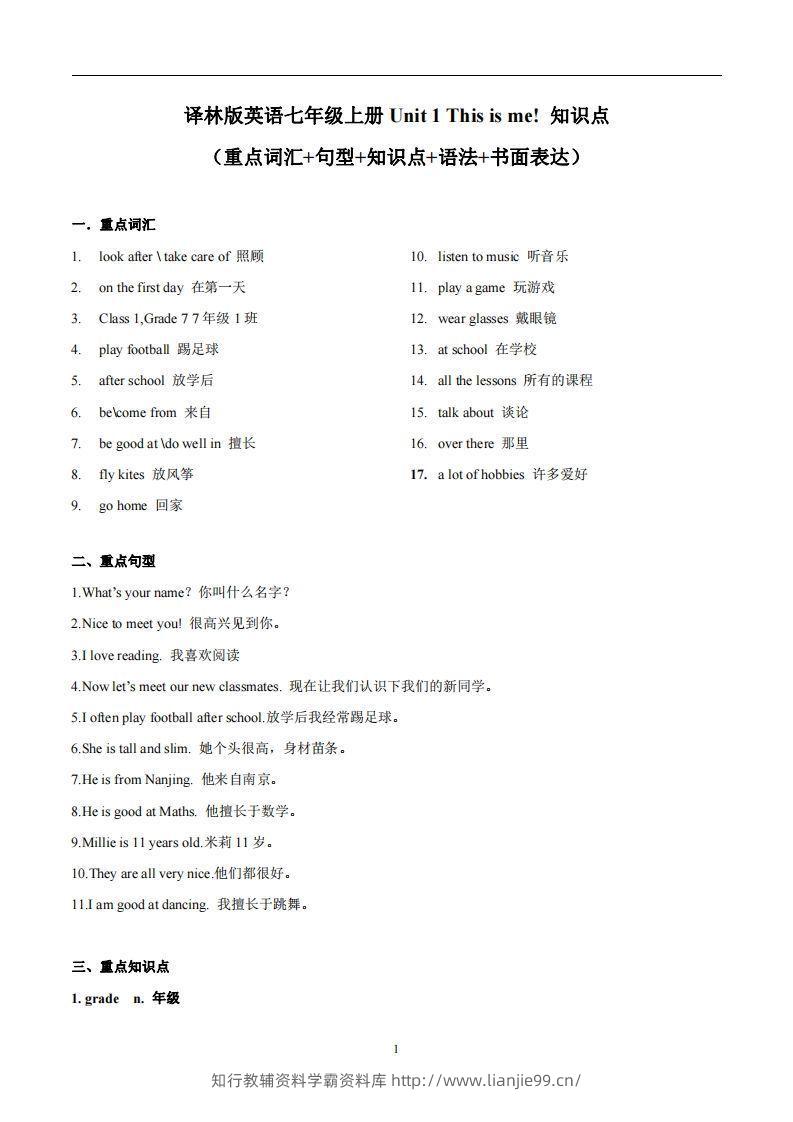 译林版英语七年级上册Unit1Thisisme知识点-学霸资料库学科资源下载
