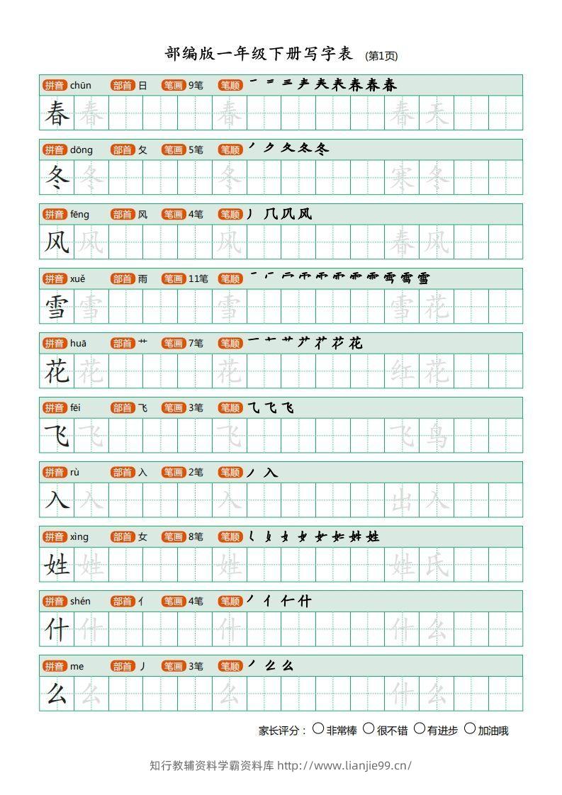 一年级语文下册写字表(笔顺)（20页）PDF（部编版）-学霸资料库学科资源下载